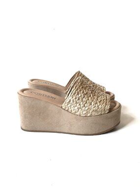 Cordani Jeanna Platform Wedge Sandals Womens 36 6 Beige Tan Suede Leather Raffia